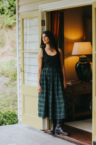 Montaigne - Amélie - Linen Skirt W/ Belt - Green & Black Plaid