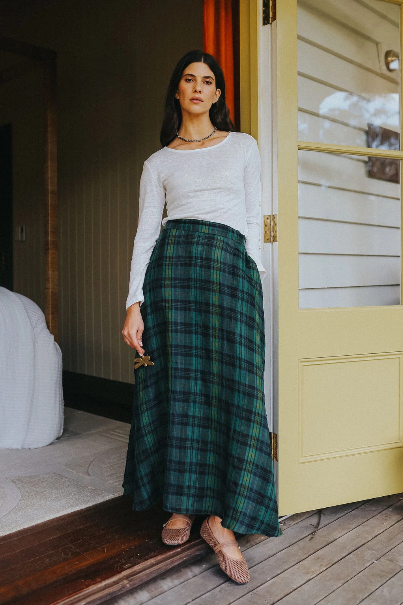 Montaigne - Anya - French Linen Maxi Skirt - Green & Black Plaid