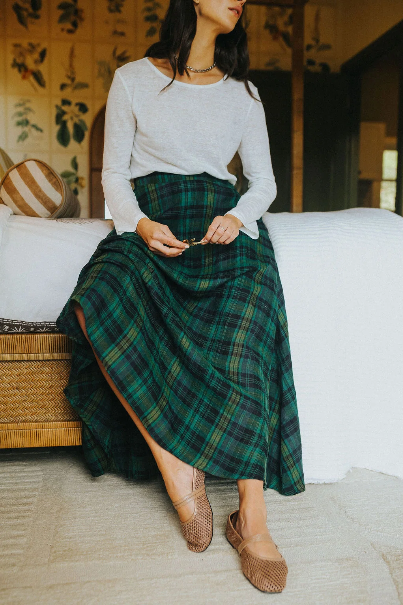 Montaigne - Anya - French Linen Maxi Skirt - Green & Black Plaid
