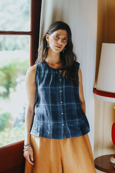 Montaigne - Cara - French Linen Top - Blue Check