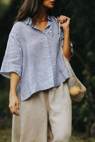 Montaigne - Dion - French Linen Blouse - Fine Blue Stripe