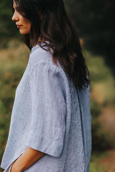 Montaigne - Dion - French Linen Blouse - Fine Blue Stripe