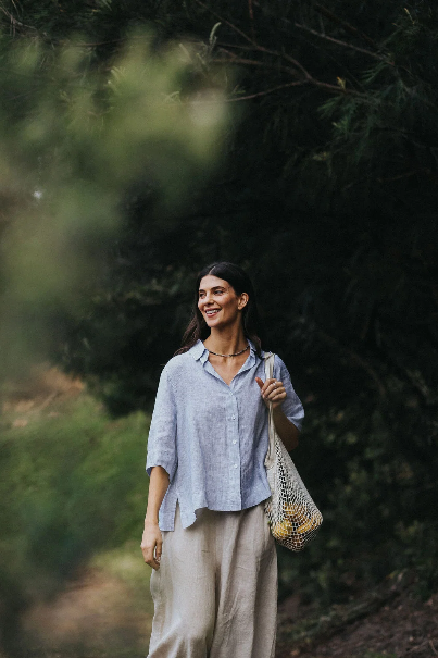 Montaigne - Dion - French Linen Blouse - Fine Blue Stripe
