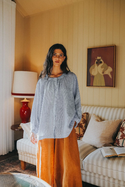 Montaigne - Carmen - Button Through Long Sleeve Linen Top - Fine Blue Stripe