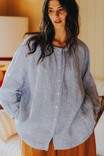 Montaigne - Carmen - Button Through Long Sleeve Linen Top - Fine Blue Stripe