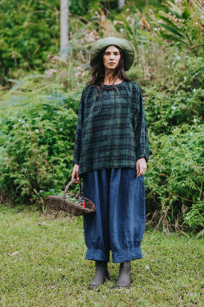 Montaigne - Carmen - Button Through Long Sleeve Linen Top - Green Black Plaid