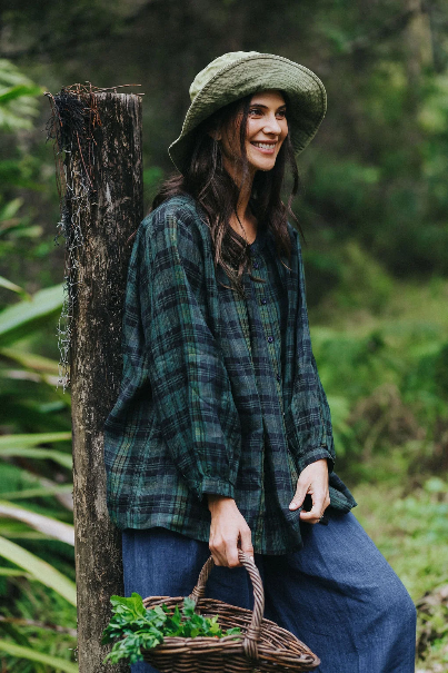 Montaigne - Carmen - Button Through Long Sleeve Linen Top - Green Black Plaid