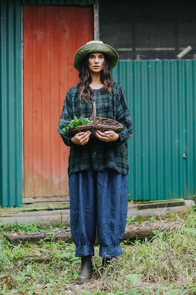 Montaigne - Carmen - Button Through Long Sleeve Linen Top - Green Black Plaid