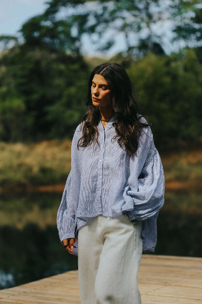 Montaigne - Mila - French Linen Long Sleeve Oversized Top - Fine Blue Stripe