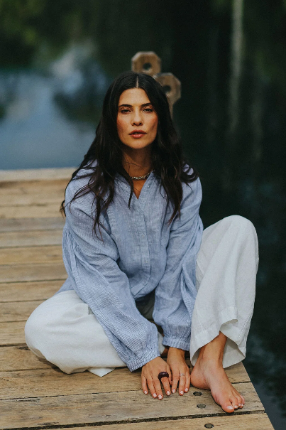 Montaigne - Mila - French Linen Long Sleeve Oversized Top - Fine Blue Stripe