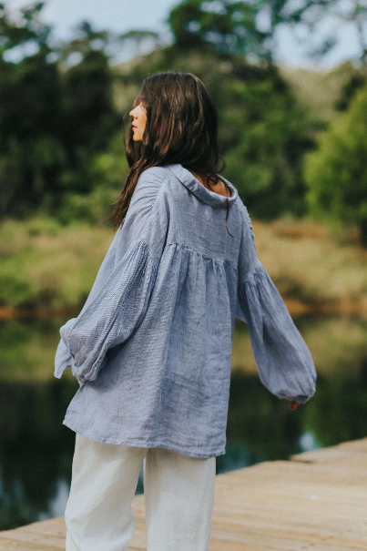 Montaigne - Mila - French Linen Long Sleeve Oversized Top - Fine Blue Stripe