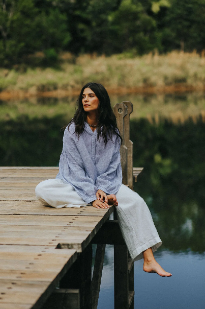 Montaigne - Mila - French Linen Long Sleeve Oversized Top - Fine Blue Stripe