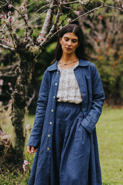 Montaigne - Peter Pan Collar - French Linen Button-Through Coat Jacket - Indigo