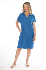 JUMP Clothing Collared V Neck Linen Dress - Sapphire