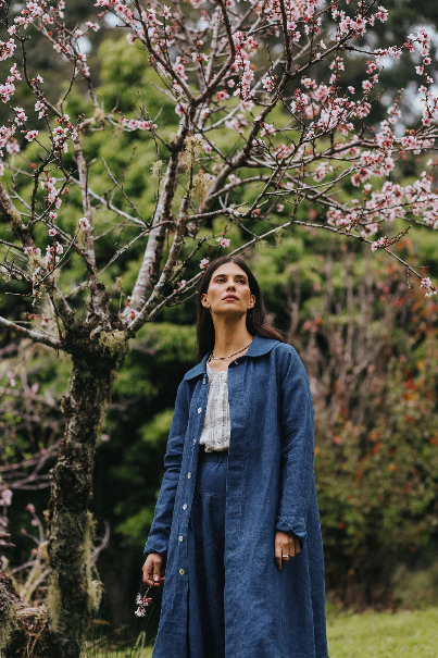 Montaigne - Peter Pan Collar - French Linen Button-Through Coat Jacket - Indigo