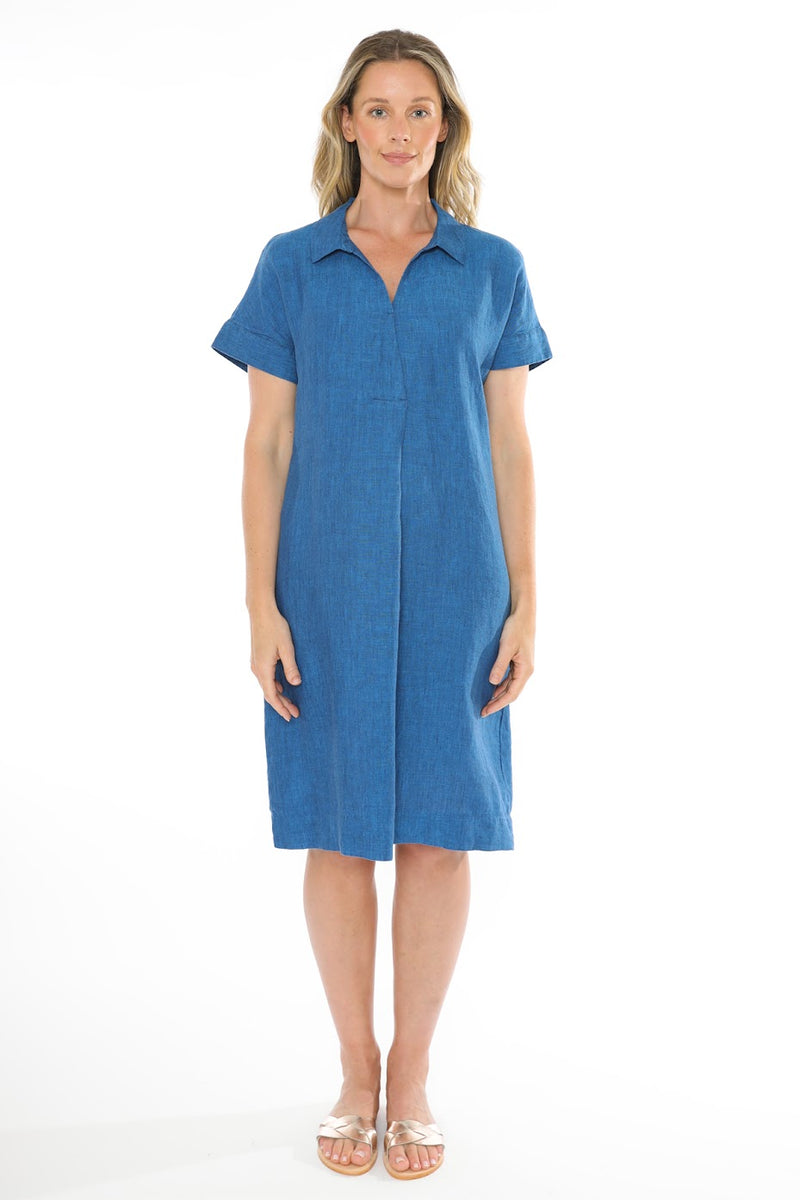 JUMP Clothing Collared V Neck Linen Dress - Sapphire