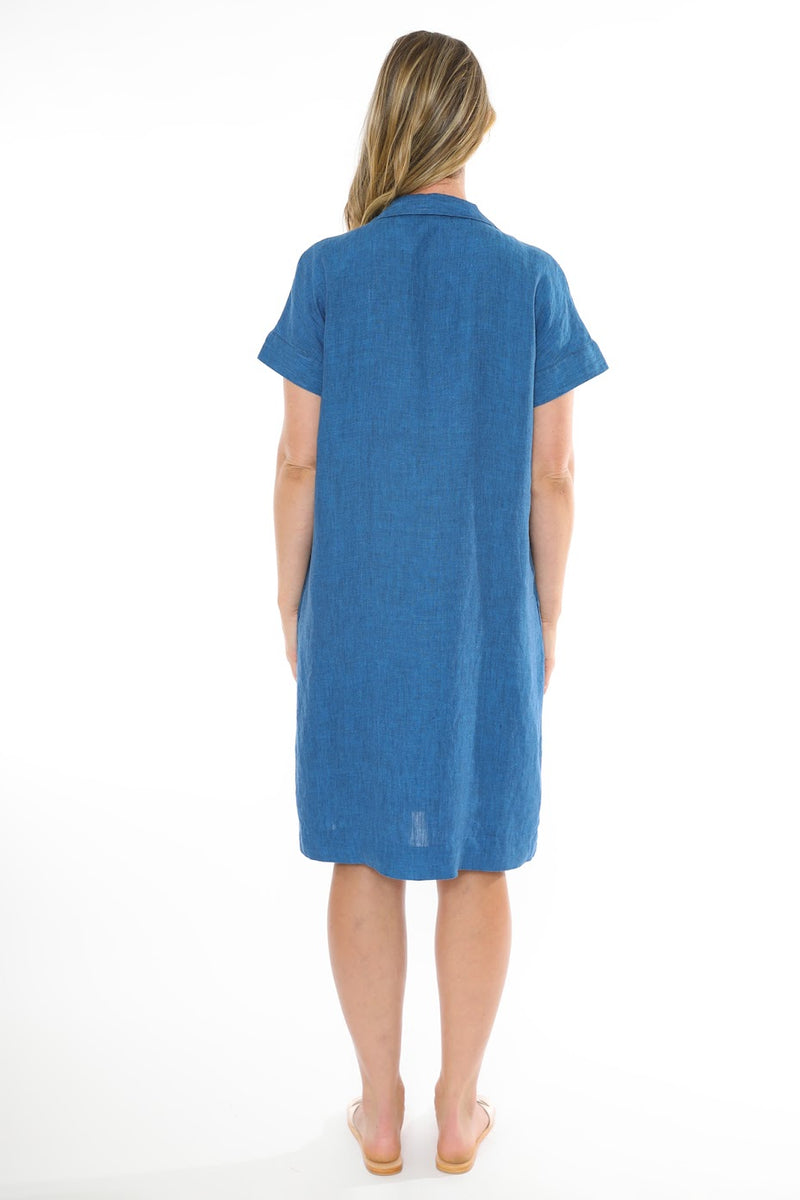 JUMP Clothing Collared V Neck Linen Dress - Sapphire