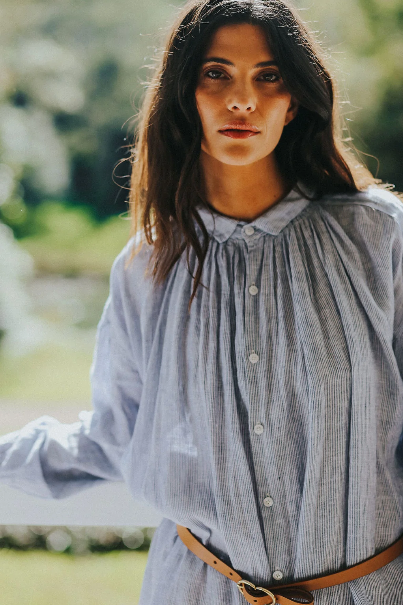 Montaigne - Valentina - French Linen Dress - Blue Fine Stripe