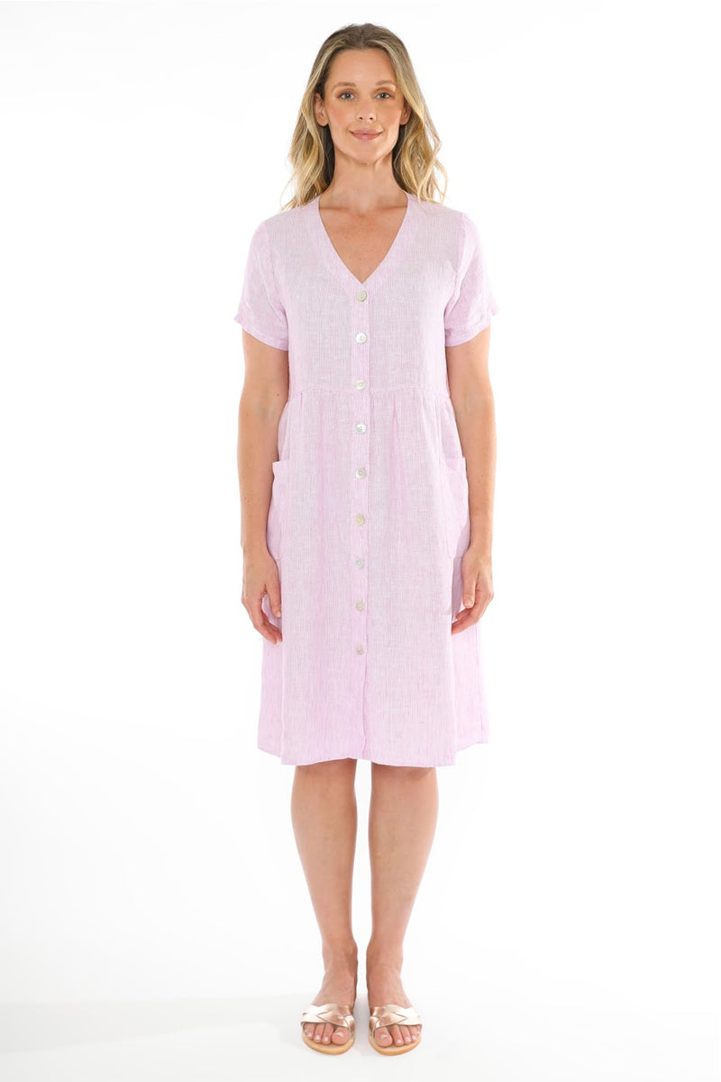 JUMP Clothing 2 Pocket Core Stripe Button Through Linen Dress - Various Colours