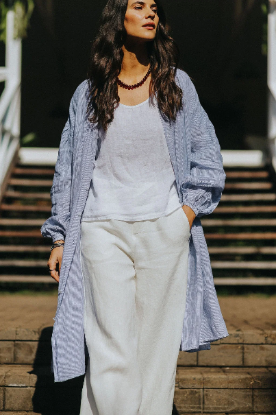 Montaigne - Valentina - French Linen Dress - Blue Fine Stripe