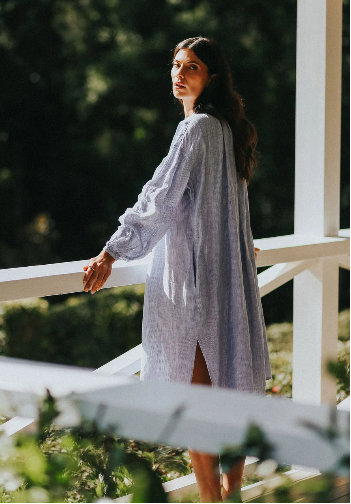 Montaigne - Valentina - French Linen Dress - Blue Fine Stripe