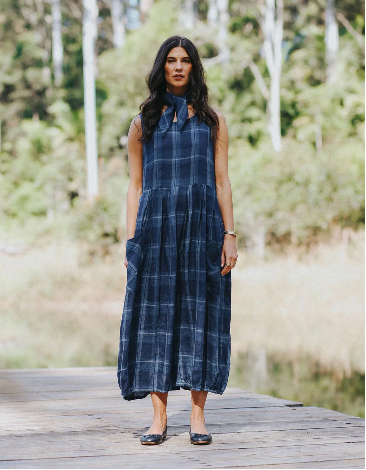 Montaigne - Sartene - French Linen Sleeveless Dress - Blue Check