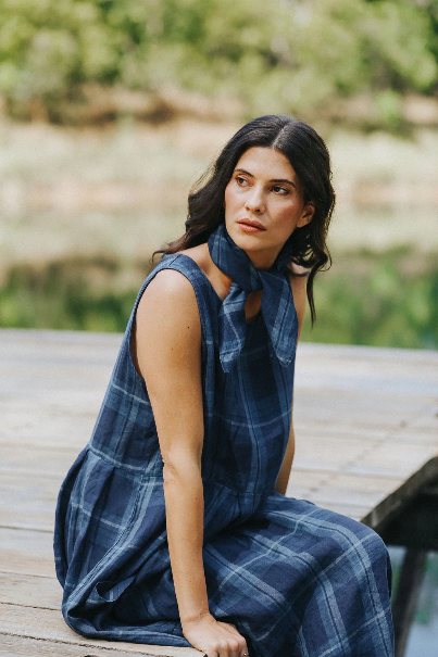Montaigne - Sartene - French Linen Sleeveless Dress - Blue Check
