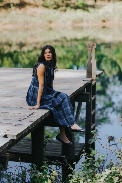 Montaigne - Sartene - French Linen Sleeveless Dress - Blue Check