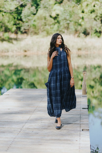 Montaigne - Sartene - French Linen Sleeveless Dress - Blue Check