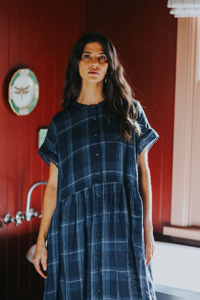 Montaigne - Juliette - Button Up French Linen Dress - Blue Check