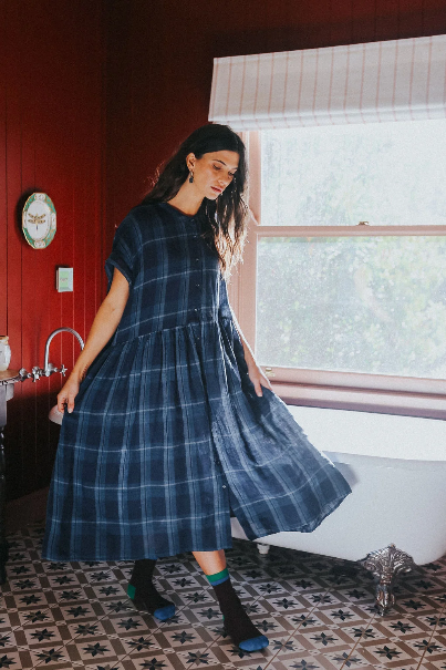 Montaigne - Juliette - Button Up French Linen Dress - Blue Check