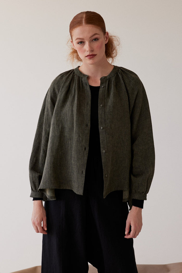 Eva’s Sunday - Vento - Long Sleeve Linen Shirt - Olive Stripe