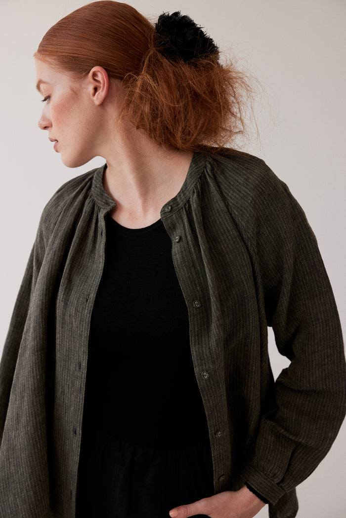 Eva’s Sunday - Vento - Long Sleeve Linen Shirt - Olive Stripe