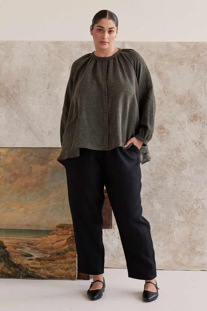Eva’s Sunday - Vento - Long Sleeve Linen Shirt - Olive Stripe