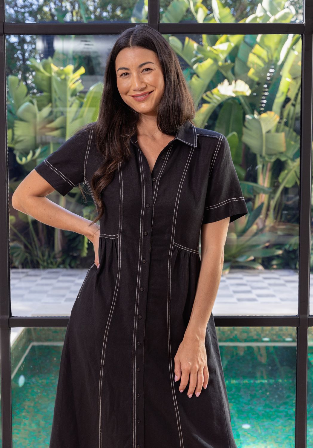 JUMP Clothing - Contrast Stitch Linen Dress - Black