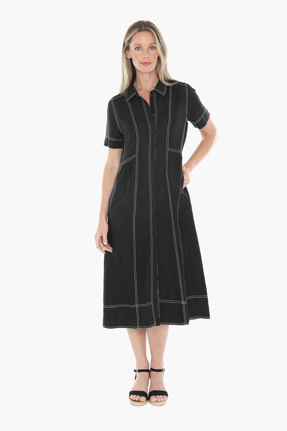 JUMP Clothing - Contrast Stitch Linen Dress - Black
