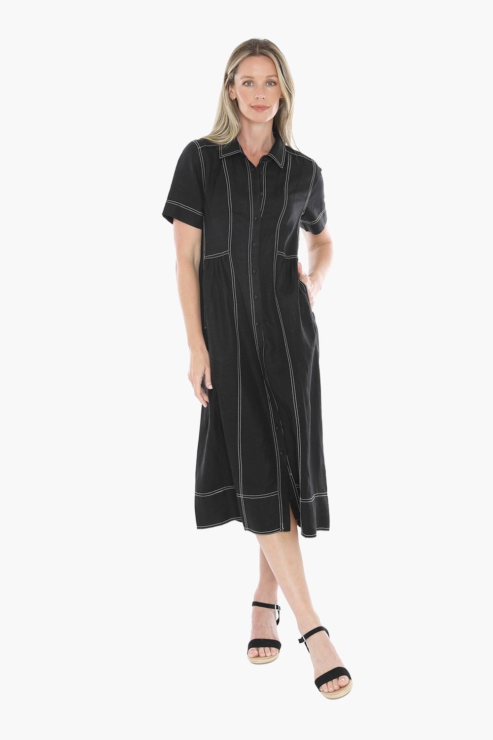JUMP Clothing - Contrast Stitch Linen Dress - Black