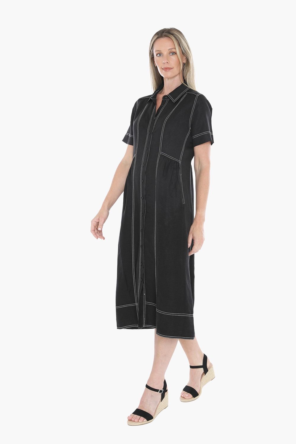 JUMP Clothing - Contrast Stitch Linen Dress - Black