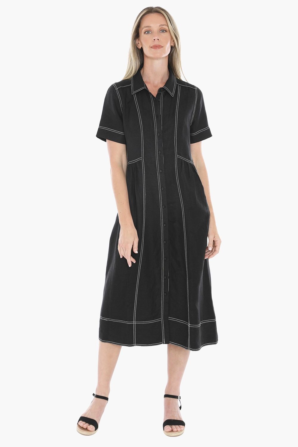 JUMP Clothing - Contrast Stitch Linen Dress - Black
