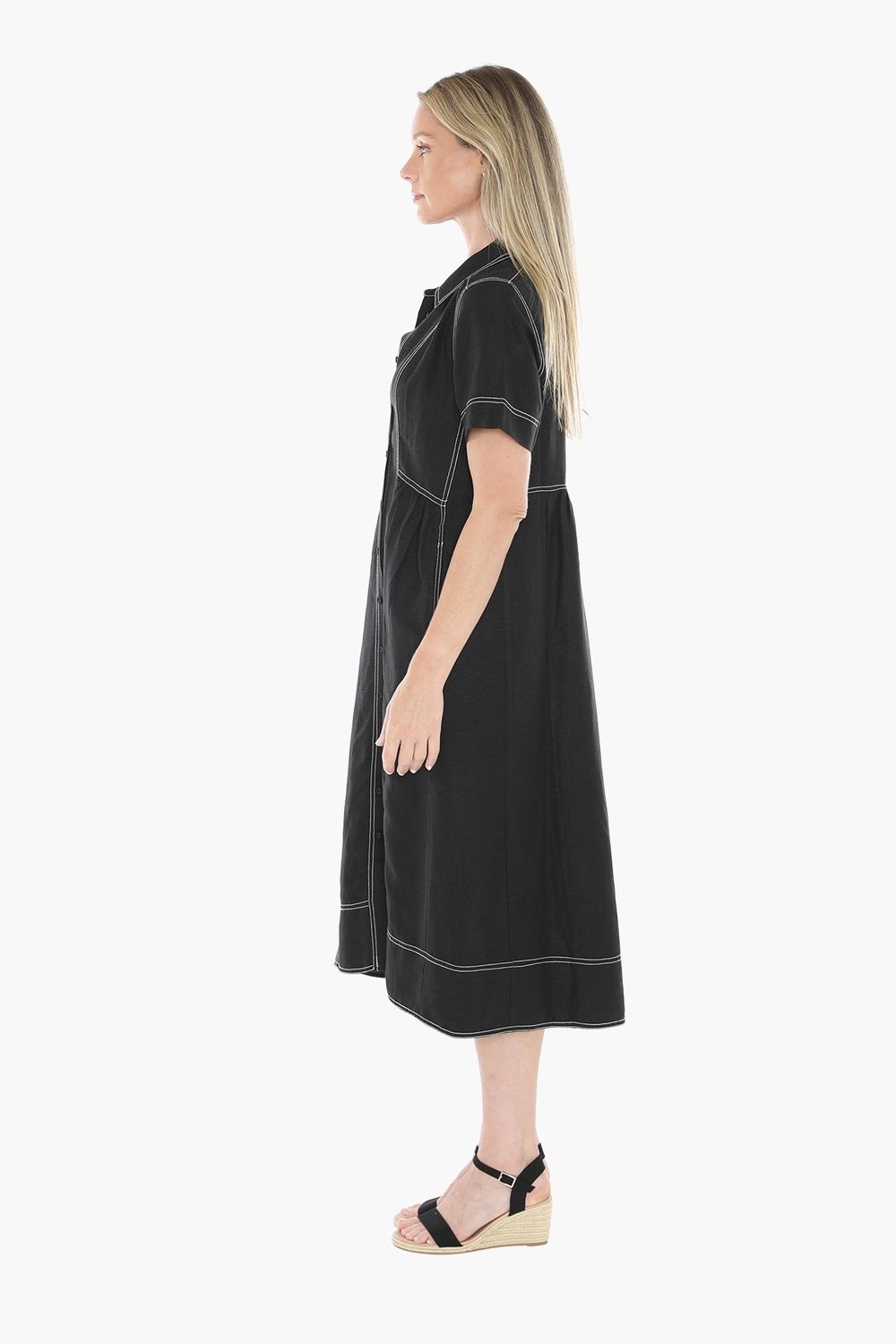 JUMP Clothing - Contrast Stitch Linen Dress - Black