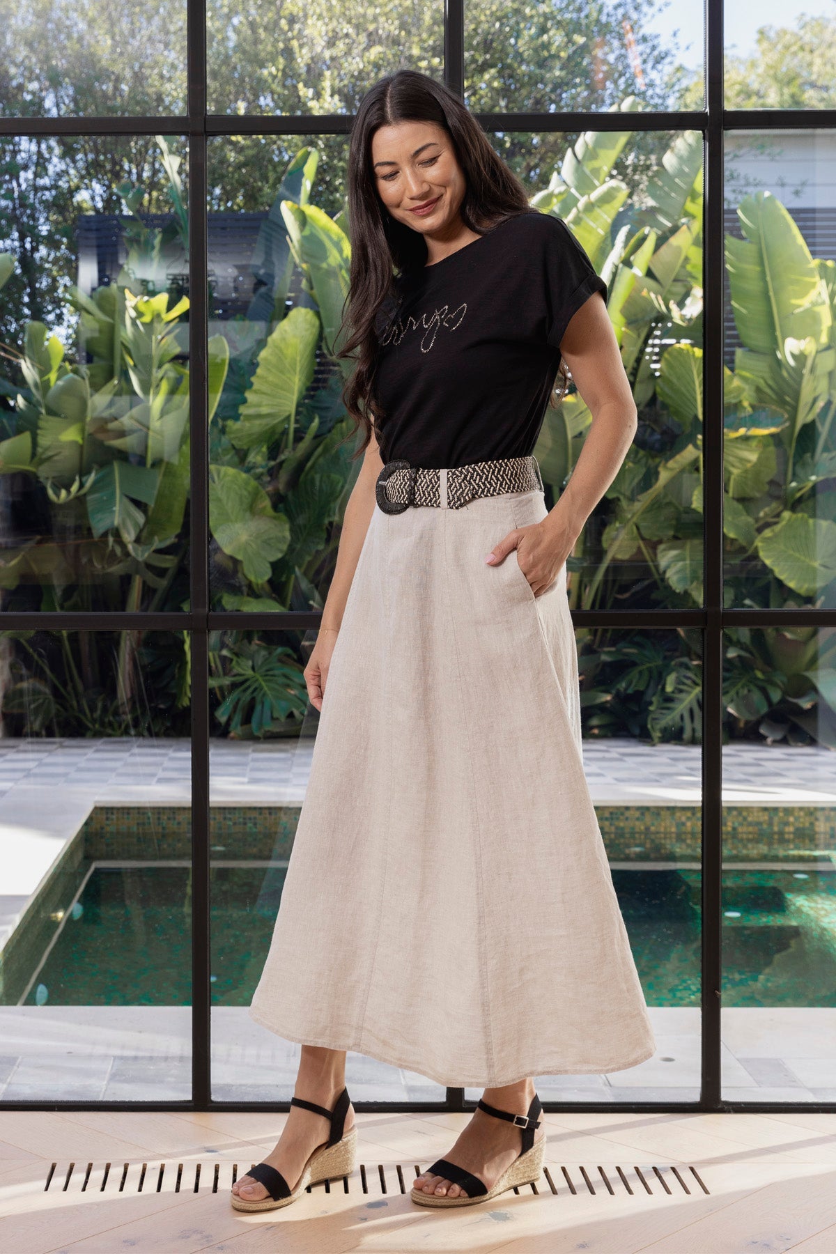 JUMP Clothing - Belted Panel Linen Skirt - Natural Flax
