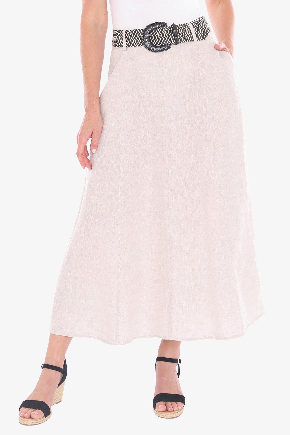 JUMP Clothing - Belted Panel Linen Skirt - Natural Flax
