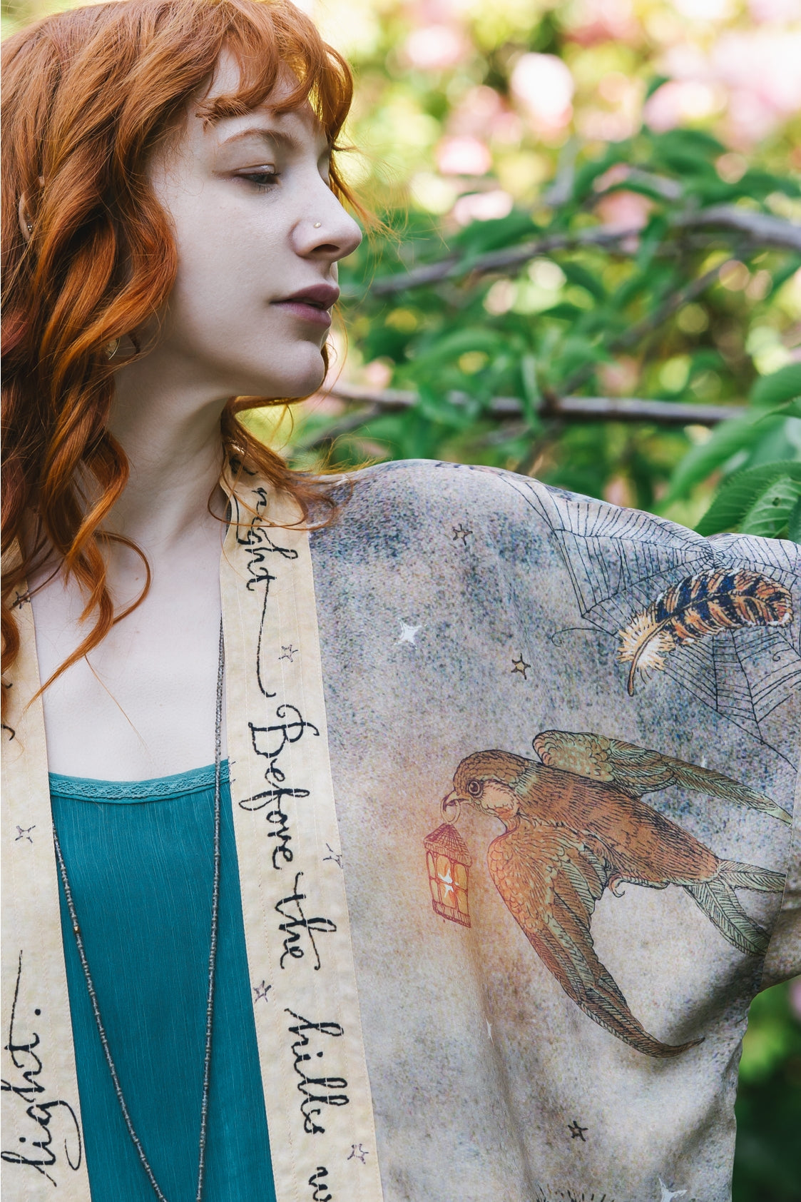 Market Of Stars - Lovelight - Pixie Cropped Bamboo Kimono Cardigan Duster - Woodland Swallow & Stars