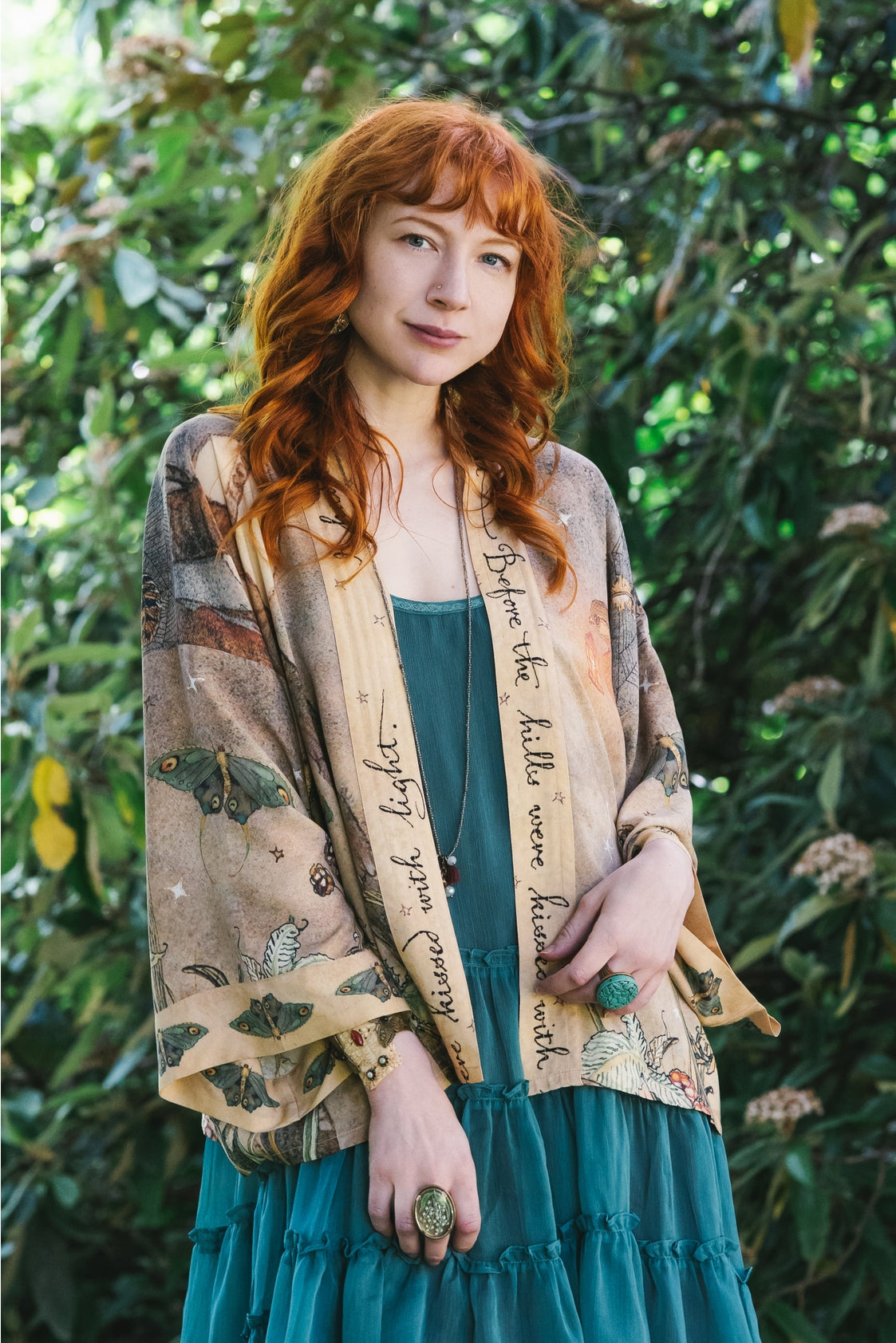 Market Of Stars - Lovelight - Pixie Cropped Bamboo Kimono Cardigan Duster - Woodland Swallow & Stars