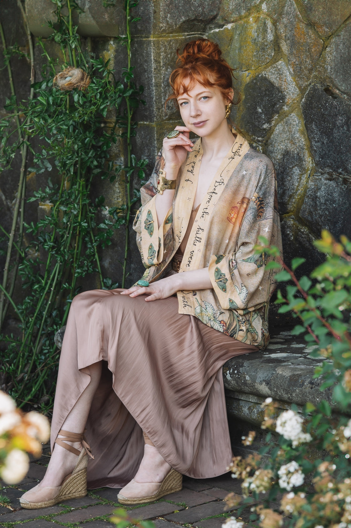 Market Of Stars - Lovelight - Pixie Cropped Bamboo Kimono Cardigan Duster - Woodland Swallow & Stars