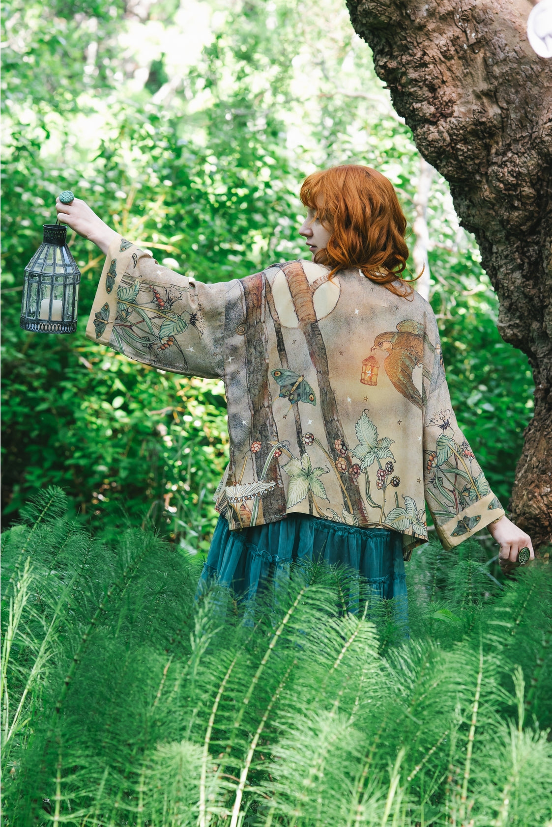 Market Of Stars - Lovelight - Pixie Cropped Bamboo Kimono Cardigan Duster - Woodland Swallow & Stars