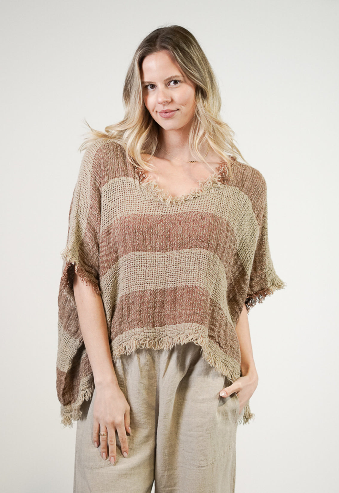 Rustic Linen - Sarita Linen Top - Brown & Natural Stripes