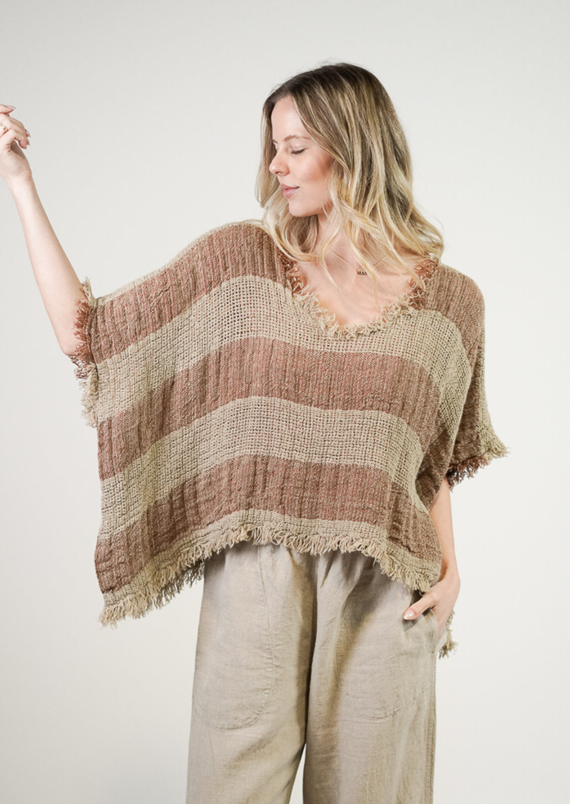 Rustic Linen - Sarita Linen Top - Brown & Natural Stripes