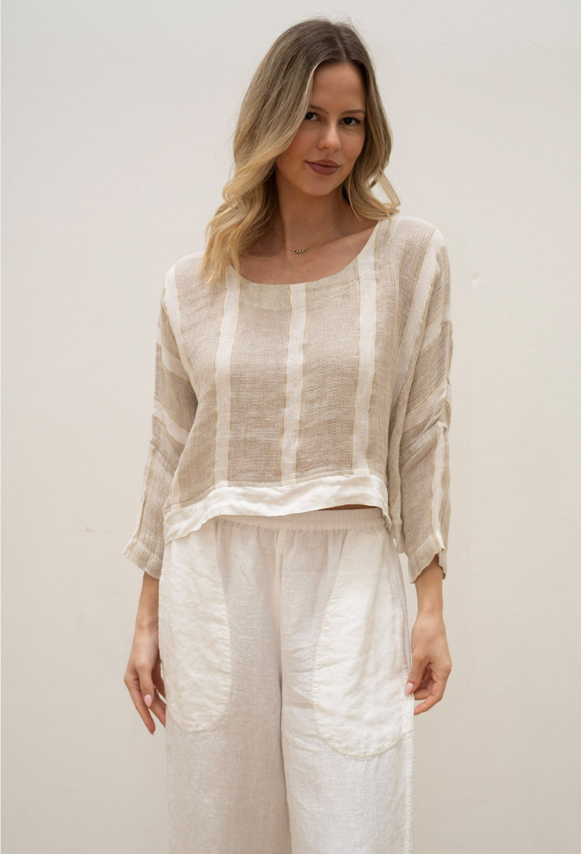 RUSTIC Linen - Elena Crop Top - Natural White w Gold Strand