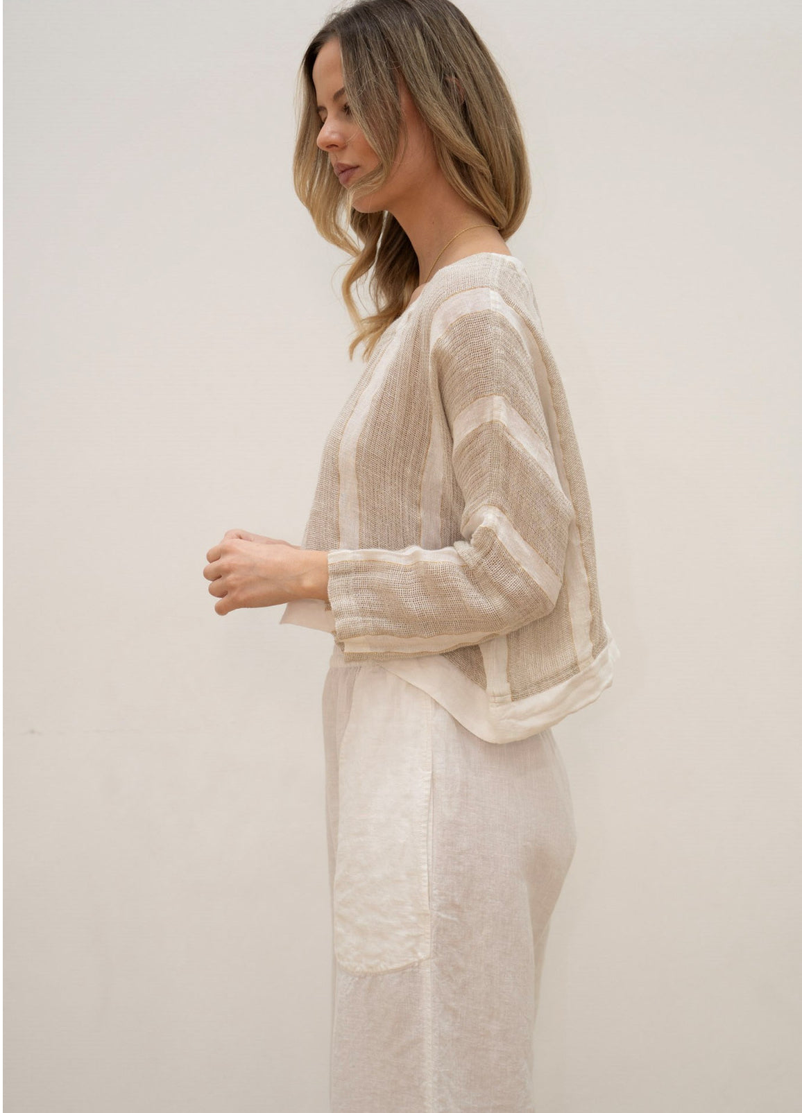 RUSTIC Linen - Elena Crop Top - Natural White w Gold Strand